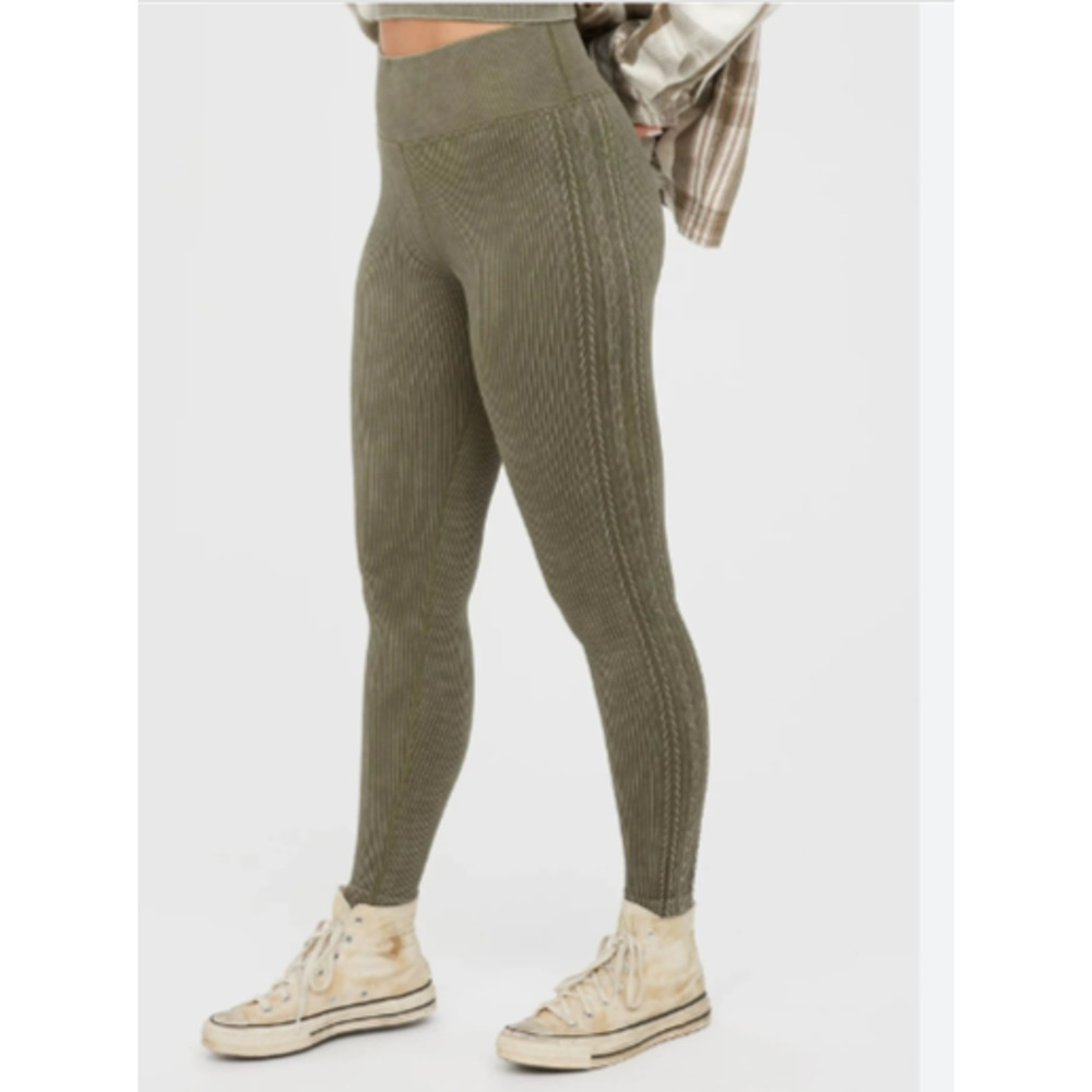 Aerie Cable Ribbed Leggings Olive Green Size M 4-8